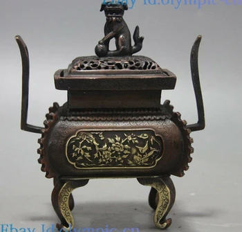 

7" China bronze censer carved fine flower Foo Dog lion Incense Burner Statue