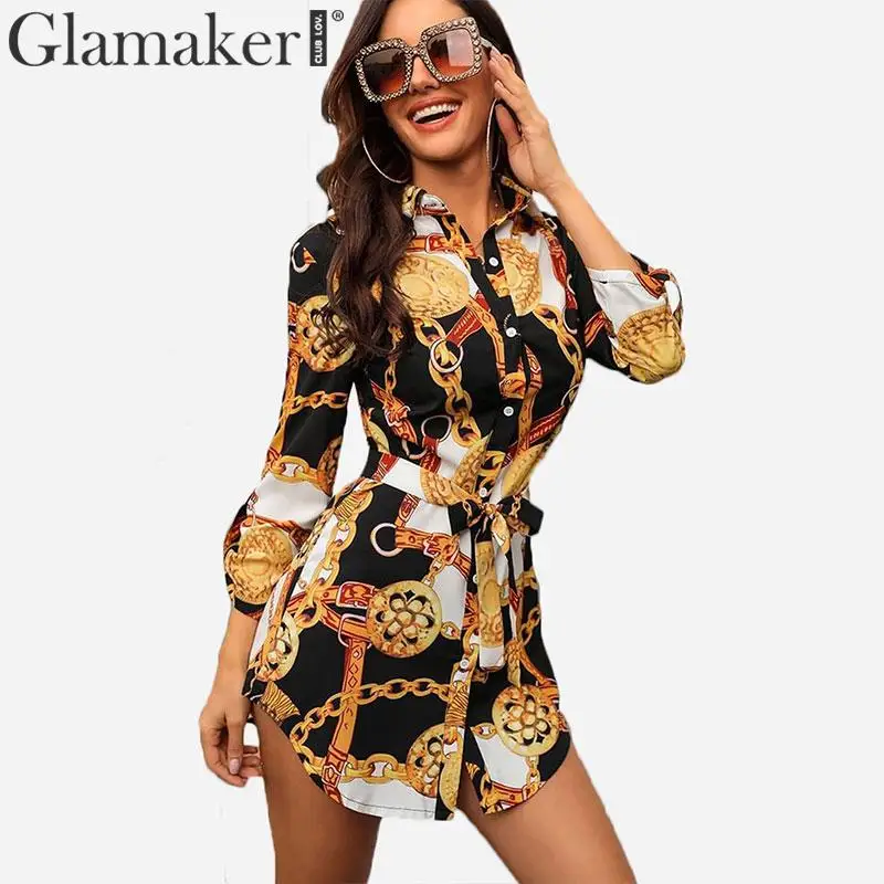 

Glamaker Plus size retro chain print shirt dress Cozy sexy party club women blouse dress summer vintage dress vestidos de fiesta