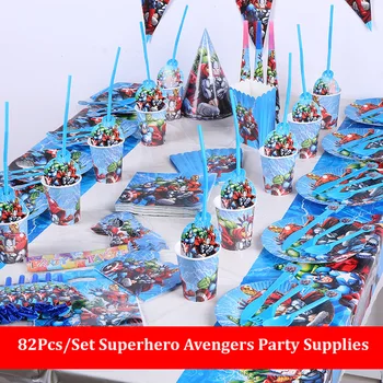 

82pc Superhero Avengers Kds Birthday Party Supplies Decorations Disposable Tableware Tablecloth Plate Cup Banner Baby Shower Boy