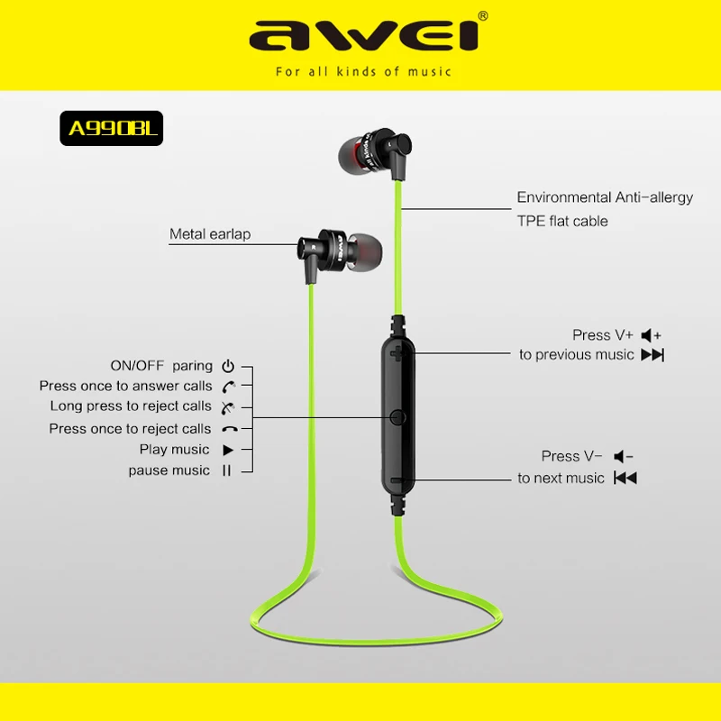 Awei A990BL Sport Wireless Bluetooth Earphone Stereo Earphone With Microphone Sweatproof Headset For Phone Bluetooth Earbuds