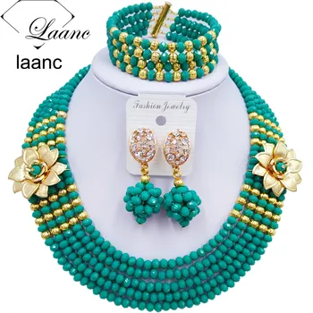 

Laanc Fashion Women Cyan Green African Costume Jewelry Set Nigerian Beads Necklace Wedding Bridal Jewelry Sets 5XSH013