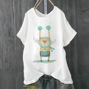 

Fashsiualy Summer Tops For Women Large Size Short Sleeve Cotton Linen O-Neck Print Pullover Tops Shirt Summer Roupas Feminina
