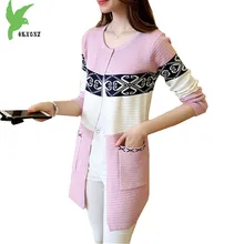New Women Spring Autumn Knitted Sweater Cardigan Fashion Printed Medium Length Casual Costume Loose Elegant Jacket