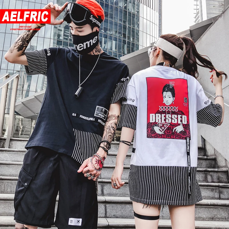 

AELFRIC 3d Funny Girl Printed Male Short Sleeve 2018 Summer Cotton Stripe Patchwork T Shirt Streetwear Men Casual Tee Shirt LQ19