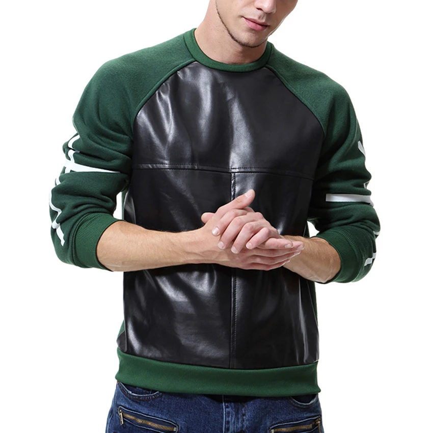 New Fashion Men's Hoodies Sweatshirts Men PU Leather Patchwork