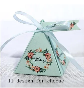 

Free shipping pyramid blue pink purple green paper wedding sweet boxes with Ribbon , S/L size ,JNZ3