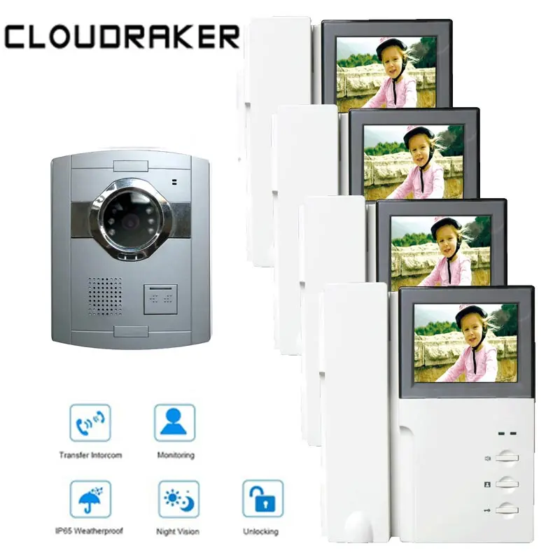 

CLOUDRAKER Video Intercom System 4 x 4.3 Inch Monitor with 1x Video Door Phone Camera Wired Intercom IR Night Vision Unlock