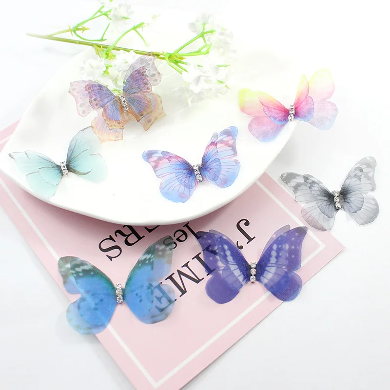 

8PCS Organza Fabric Butterflies Miniature with Rhinestone for Craft Jewelry Making Earrings Findings Fairy Charm