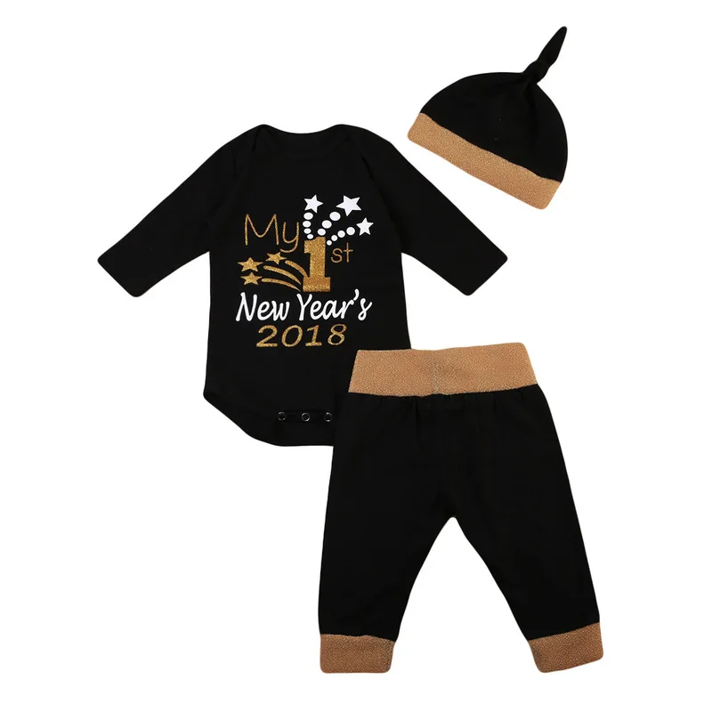 

2018 Happy New Year Christmas Set Newborn Baby Boys Girls Long Sleeve Cotton Romper Playsuit + Pants Hat Outfits Clothes 3PCS