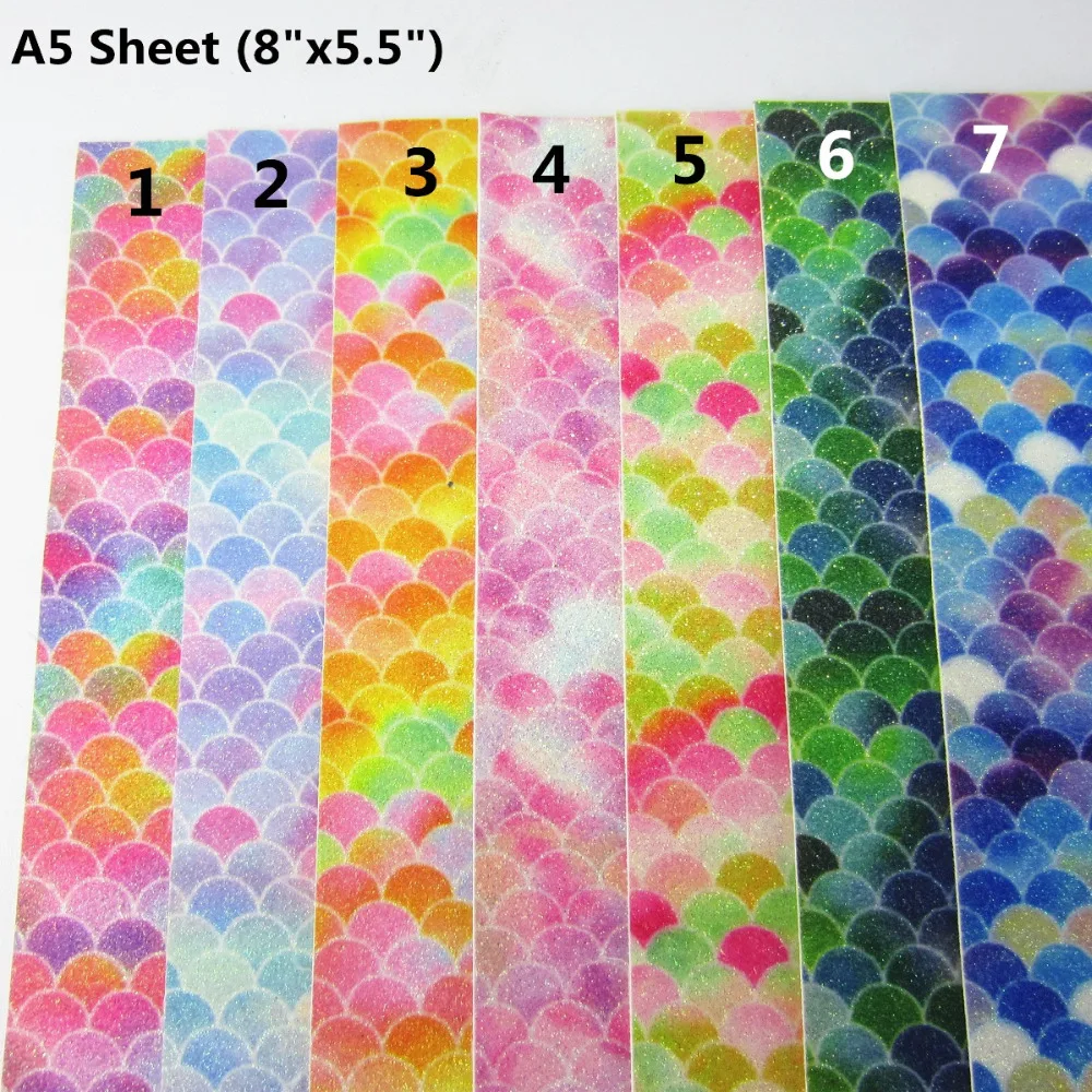 

A5 sheet 8"X5.5"rainbow Mermaid Scales Glitter fabric synthetic faux PU leather for bows earring DIY Decoration 1piececs F0178