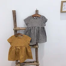 Г. корейский стиль, летние милые хлопковые платья в клетку для маленьких девочек, детское Повседневное платье с короткими рукавами, модная одежда, топы