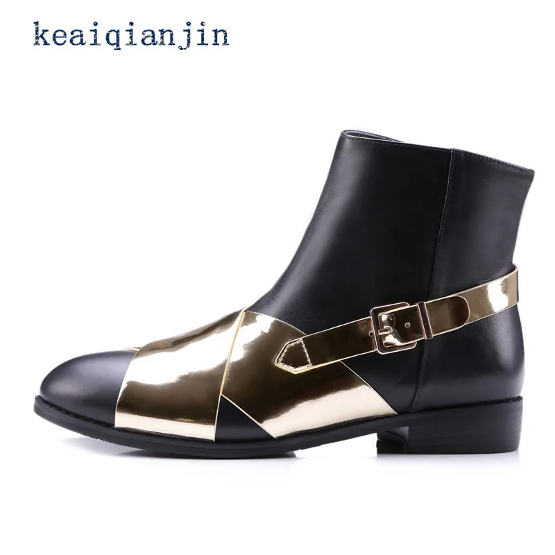 

Genuine Leather Chelsea Boots Gold Silver Fashion Personality High Quality Leather Ankle Boot Thick With Buckle Strap Woman Shoe