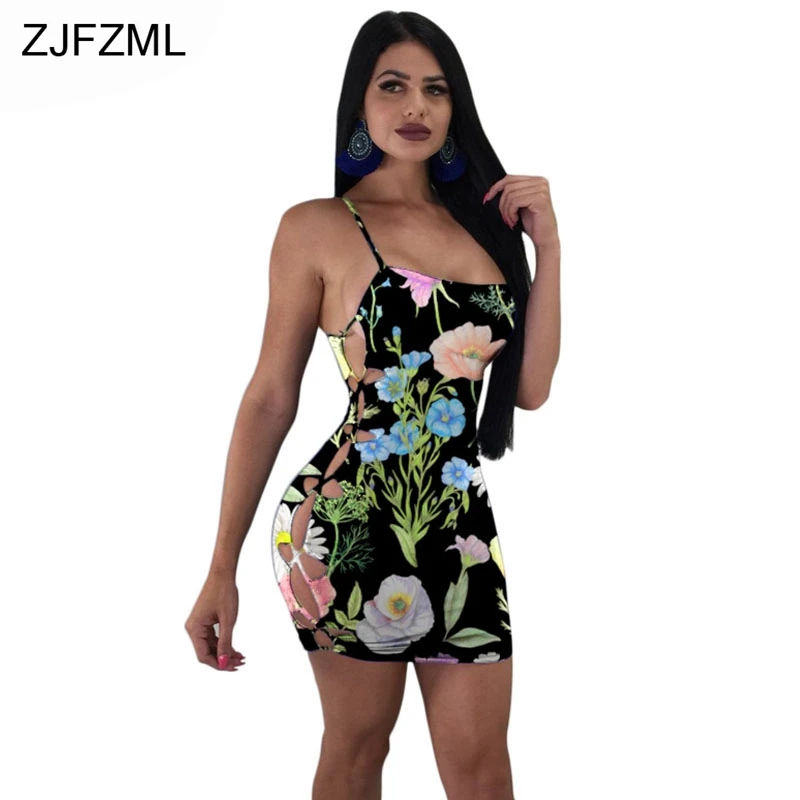 

ZJFZML Spaghetti Strap Sexy Sheath Dress Women Waist Band Cut Out Flower Print Mini Dress Summer Sleeveless Backless Beach Dress