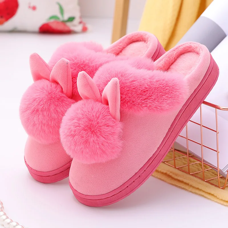 US $7.45 Cartoon Women Home Slippers Rabbit Ears Slip On Soft Soled Winter Warm House Shoes Ladies Girls Indoor Outdoor Fur Footwear