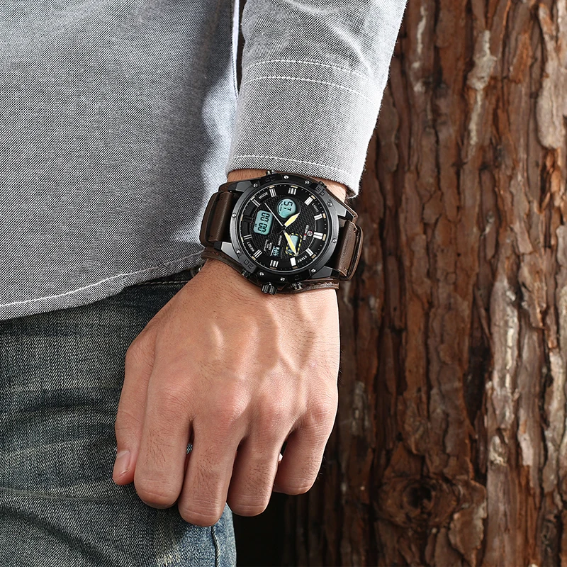 GOLDENHOUR Leder Sport Männer Analog Quarz Armbanduhr Armee Militär Datum Dual Display Outdoor_voghion.com