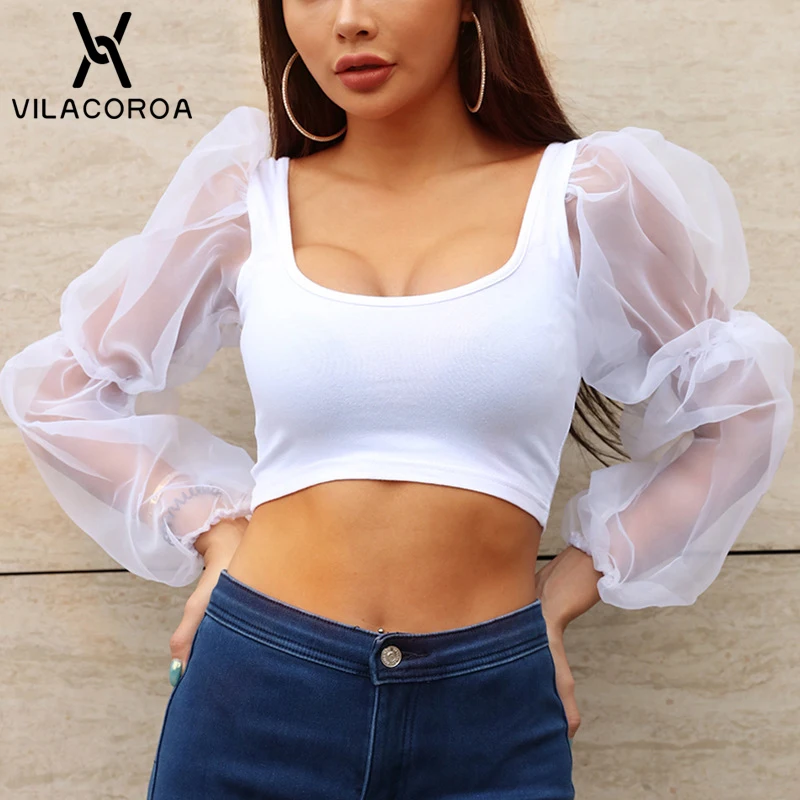 

White Sexy Vogue T Shirt Women Black U-Neck Long Sleeve Short Tee Shirt Femme Puff Sleeve Plain T Shirt For Girls Camiseta Mujer