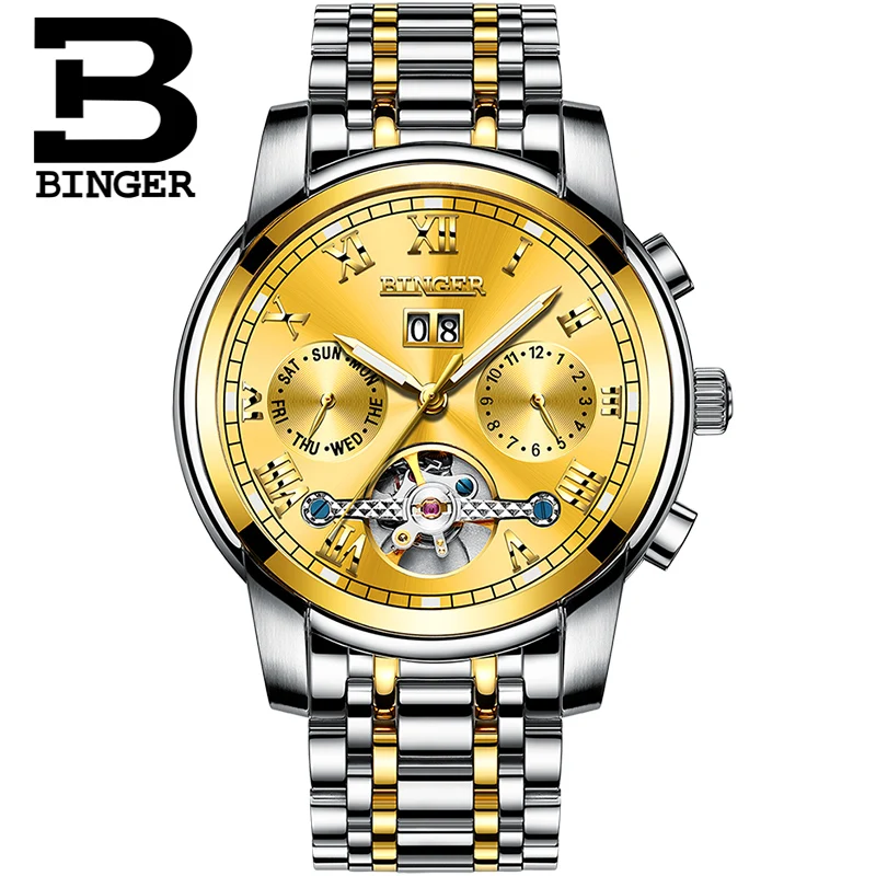 Роскошные золотые часы для мужчин швейцарские механические BINGER Tourbillon