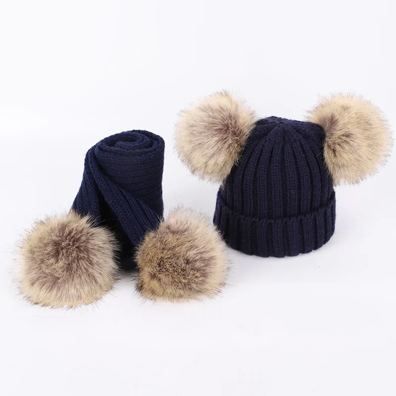 Новая детская вязаная шляпа теплая мягкий шарф 2 комплекта зимней мягкой шапки для мальчиков и девочек шерстяной шарф Детские модные милые шапки - Цвет: Navy