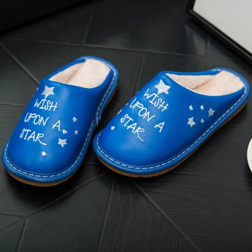 blue star Детская Водонепроницаемый хлопка тапочки домашние теплые детские для маленьких девочек мальчиков модные Нескользящие осень-зима Indoor кожаные шлепанцы - Цвет: blue star