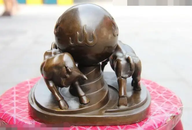 

song voge gem S6930 Chinese Feng Shui Bronze Copper Wealth Two Bull Oxen Cow Ox Play Ball Art Statue