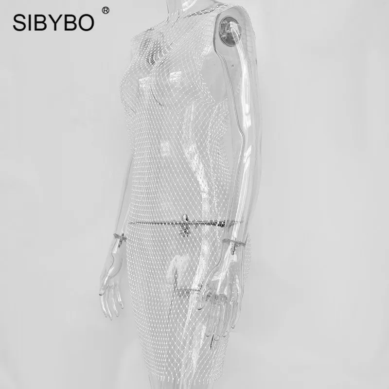 SIBYBO, сексуальное летнее платье в сеточку со сверкающими бриллиантами, открытое прозрачное облегающее платье с разрезом, женская пляжная одежда, платья для вечеринок