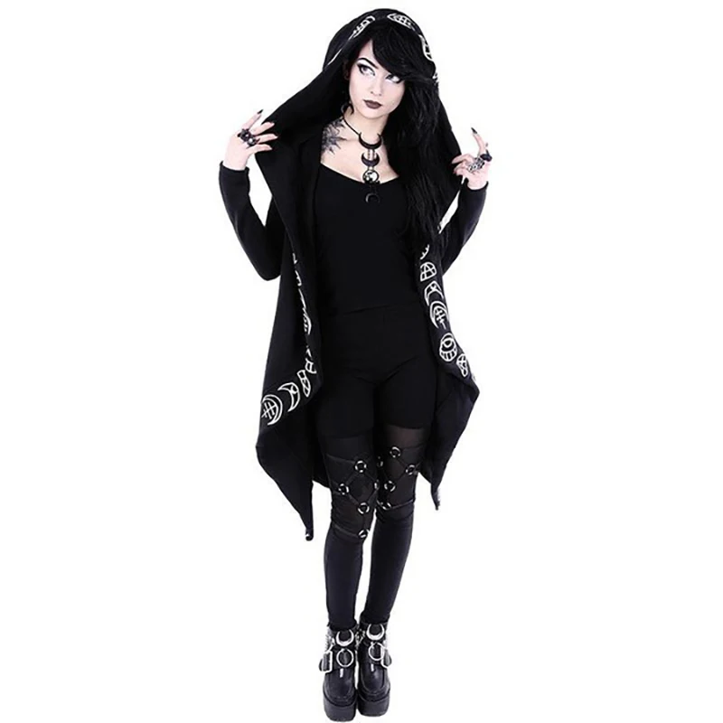 

Punk style moon print long-sleeved hooded cardigan long loose type super large size fleece cotton sweater free shipping