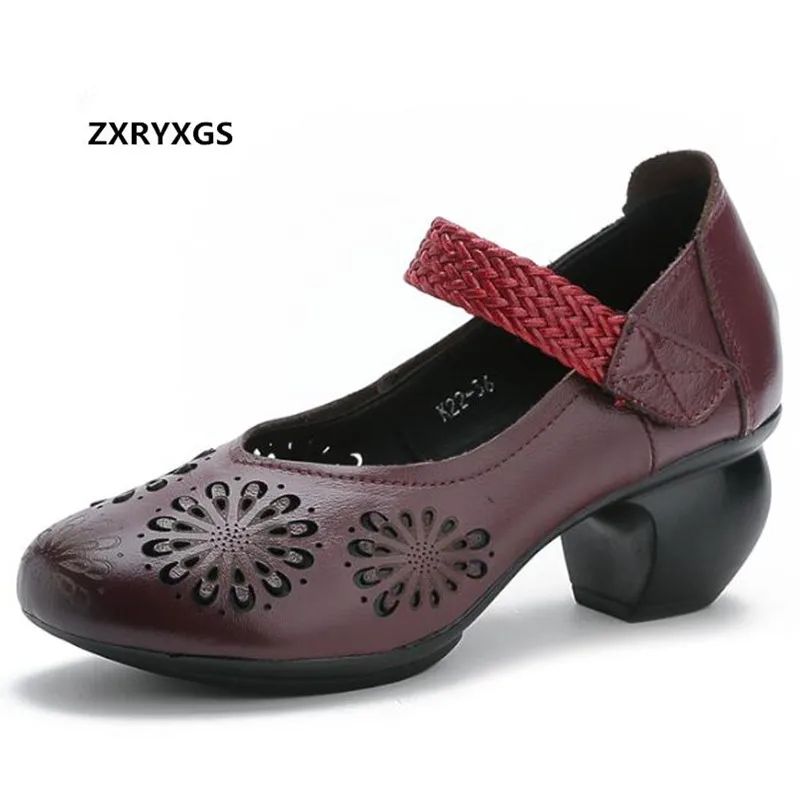 

2019 Newest Spring Summer Cowhide Leather Shoes High Heels Sandals Breathable Comfort Mom Fashion Shoes Woman Shoes Pumps 5 Cm