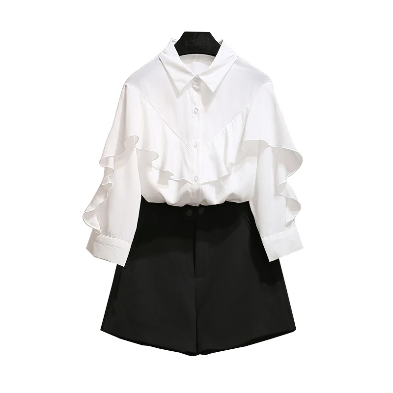 Западный стиль Костюм с коротким штанами 2018 новый стиль осеннее платье Мода общество черные короткие + белая блузка комплект из двух