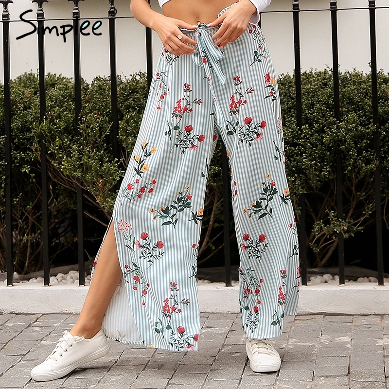 Simplee Split impresión floral Pantalón Pantalones Mujer Pantalones sueltos pantalones capri Sash cintura alta verano 2018 AliExpress Ropa de mujer