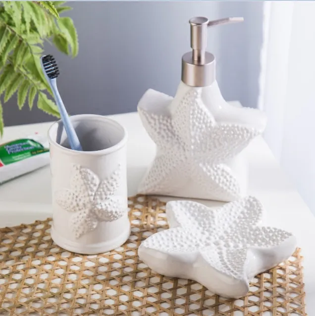 

3piece set Ceramic Mediterranean Bathroom set starfish Bathroom Tumbler Home Decoration Creative Love Valentine Wedding Gift