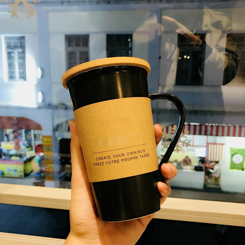 

450ml Ceramic Coffee Mugs Black Matt Tea Mug High Temperature Resistance Coffee Cup Mood Cover Brief Milk Cup with Spoon