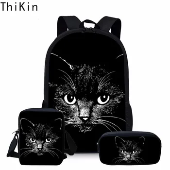 

THIKIN School Backpack for Teenage Girls 3PCS/SET Black Cat Print Kids Bagpack Preppy Children Cute Student Book Bags Rucksack