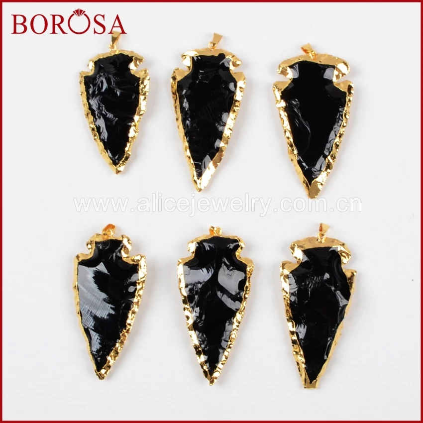 

BOROSA Arrowhead Gold Color Black Obsidian Pendant Bead,Drusy Stone Pendant for DIY Necklace Jewelry Gems G0503