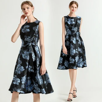 

womens Skater party dress runway 3D Flower Jacquard Fabric sleeveless cute belt slim A-line Designer Casual Swing office dresses