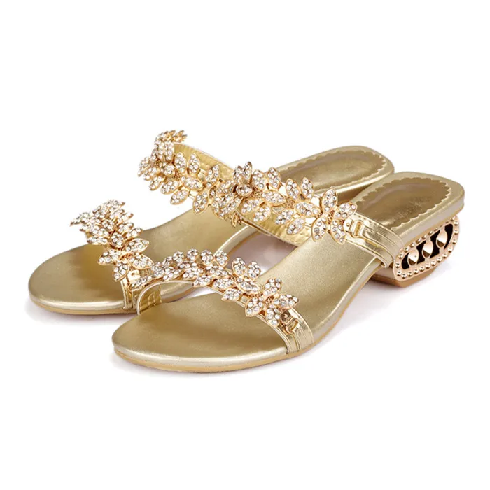 Женские сандалии с кристаллами Meotina, босоножки с цветами, на квадратном каблуке, вечерние туфли, размеры 34-43, лето - Цвет: Золотой