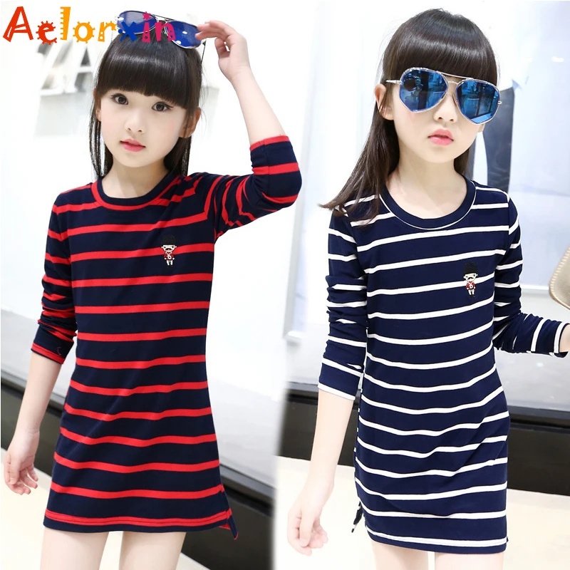 

Aelorxin 2017 Kids Girls Dress Cotton Striped Long Sleeve Girls Clothing Autumn Casual Children Girls Dress 4 - 14 Years Old