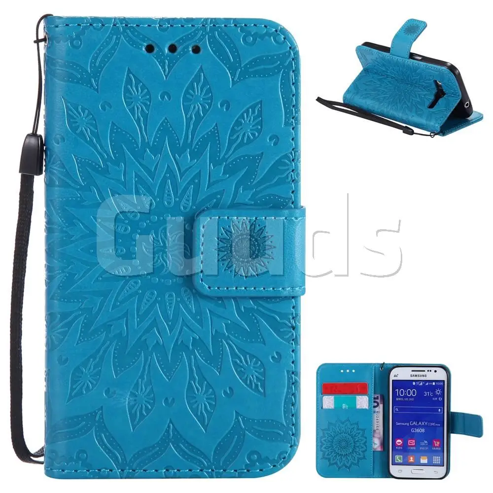 Embossing Sunflower Leather Wallet Case for Samsung Galaxy Core Prime G360 - Blue