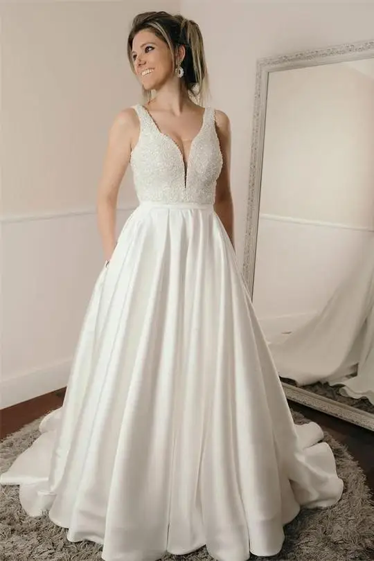 Vetidos de novia Simple Ivory Satin Beading A-line Long Sexy V-neck Wedding Dresses With Pockets | Свадьбы и торжества