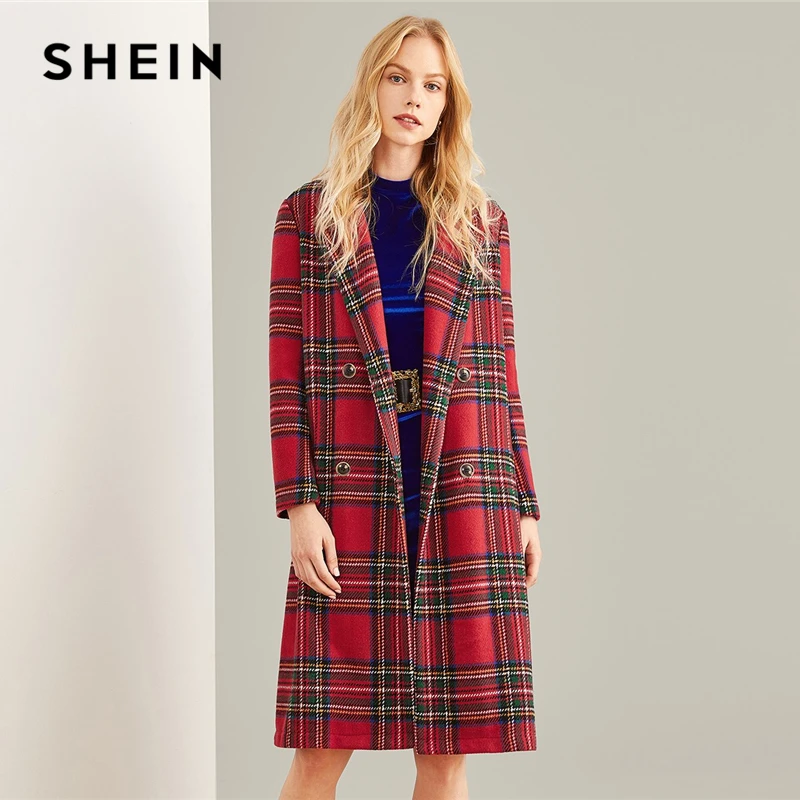 

SHEIN Multicolor Double Breasted Waterfall Plaid Longline Coat Elegant Pocket Knee Length Outerwear Women Autumn Trench Coats