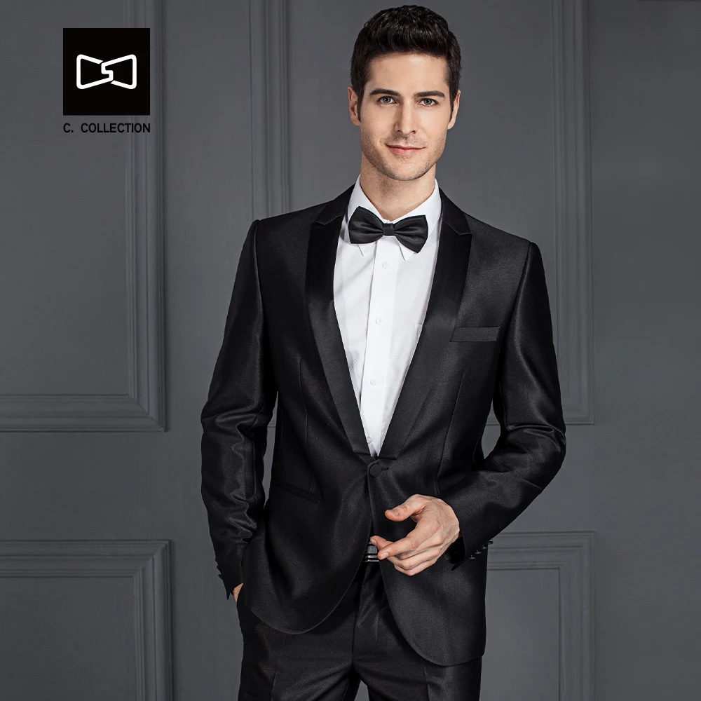 Сшитый на заказ мужской черный блестящий костюм Шавель воротник Slim fit Свадебный