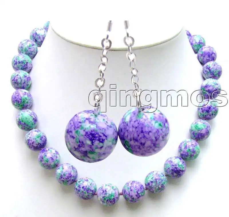 

Beautiful Big 14mm Round Purple Multicolor Stone 18" necklace and earring set-nec5740