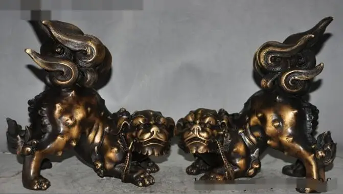 

S4432 7"Chinese Palace Bronze FengShui Evil spirits Fu Foo Dog Lion beast Statue Pair
