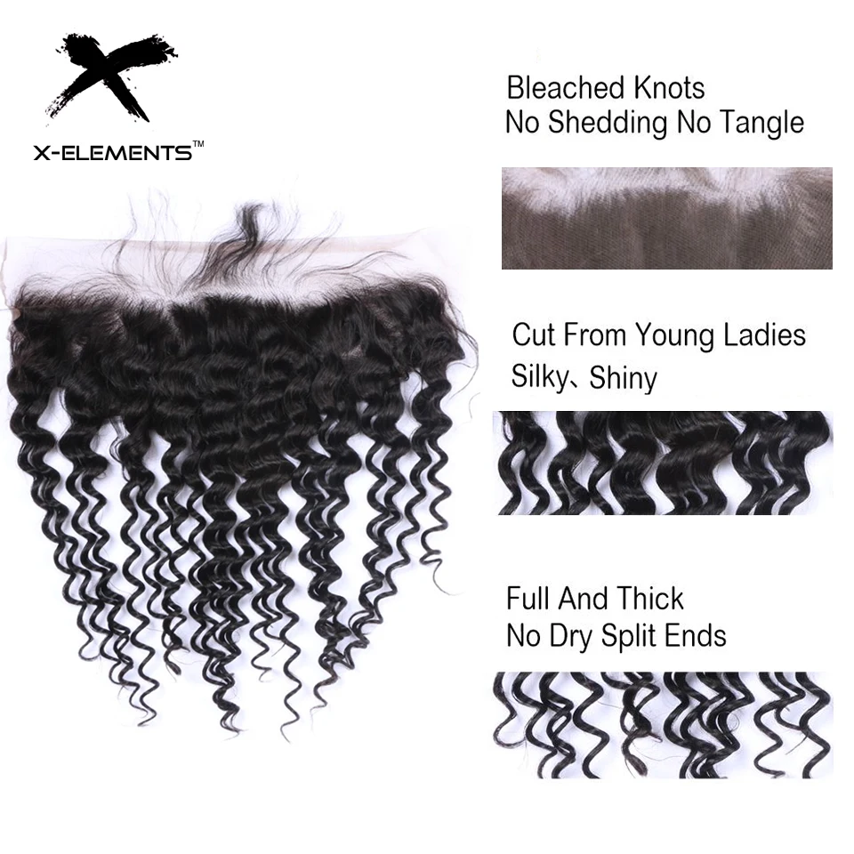 X-Elements Brazilian Deep Wave Frontal 100% Human Hair 13x4 Lace Frontal Deep Wave Non-Remy Natural Color Hand Tied Lace Frontal