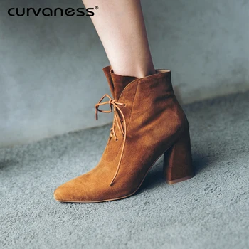

Curvaness Booties Women's New Thick With Autumn And Winter Single Boots Leather Pointed High Heels With Short Tube Martin Boots