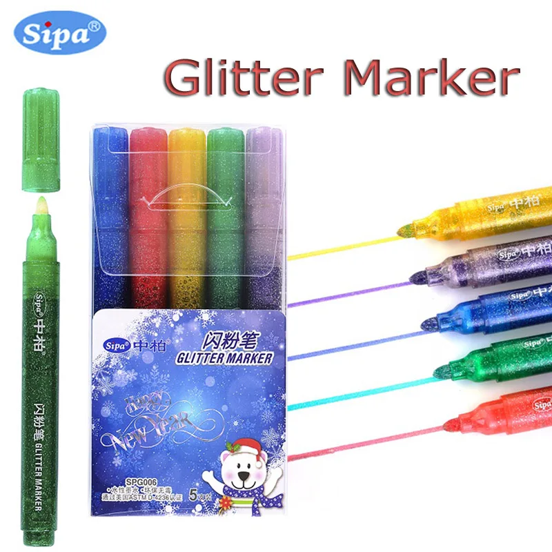 

5 pcs set Glitter Water Paint Gold Metal Pen DIY For Black Paper Stone Wood Point Tip Oil Based Paint Pen Markers For Drawing