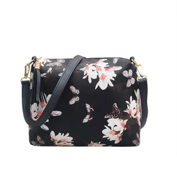 

High Quality PU Leather Women Messenger Crossbody Bags Fashion Tassel Design Black Flowers Shoulder Girls Ladies Purse 2018