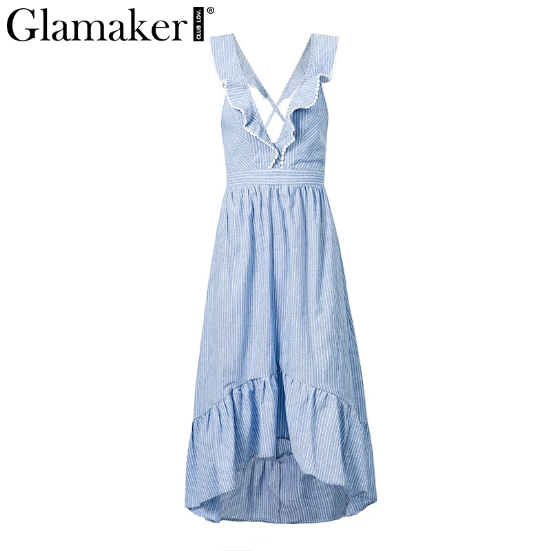 Glamaker Ruffle lace up blue sexy dress Women backless high waist turn down maxi dress Beach winter dress 2018 vestidos sundress