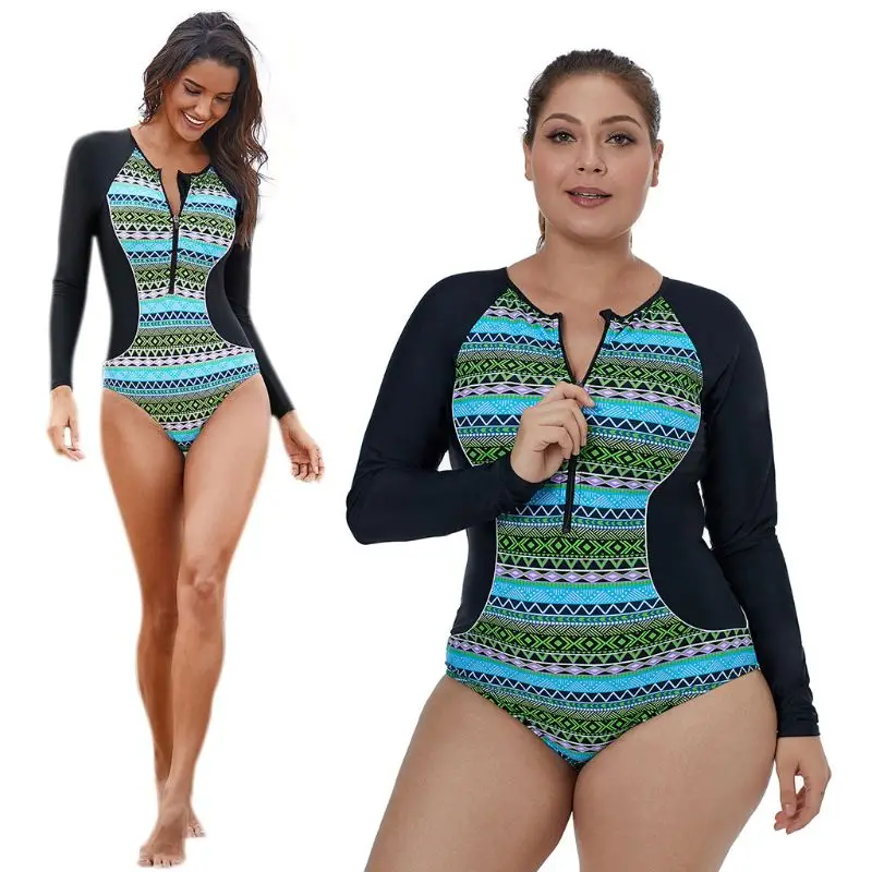 

Plus Size One Piece Bohemian Geometric Pattern Patchwork Long Sleeves Snorkeling Surfing Swimsuit Zip Front O-Neck Beachwear