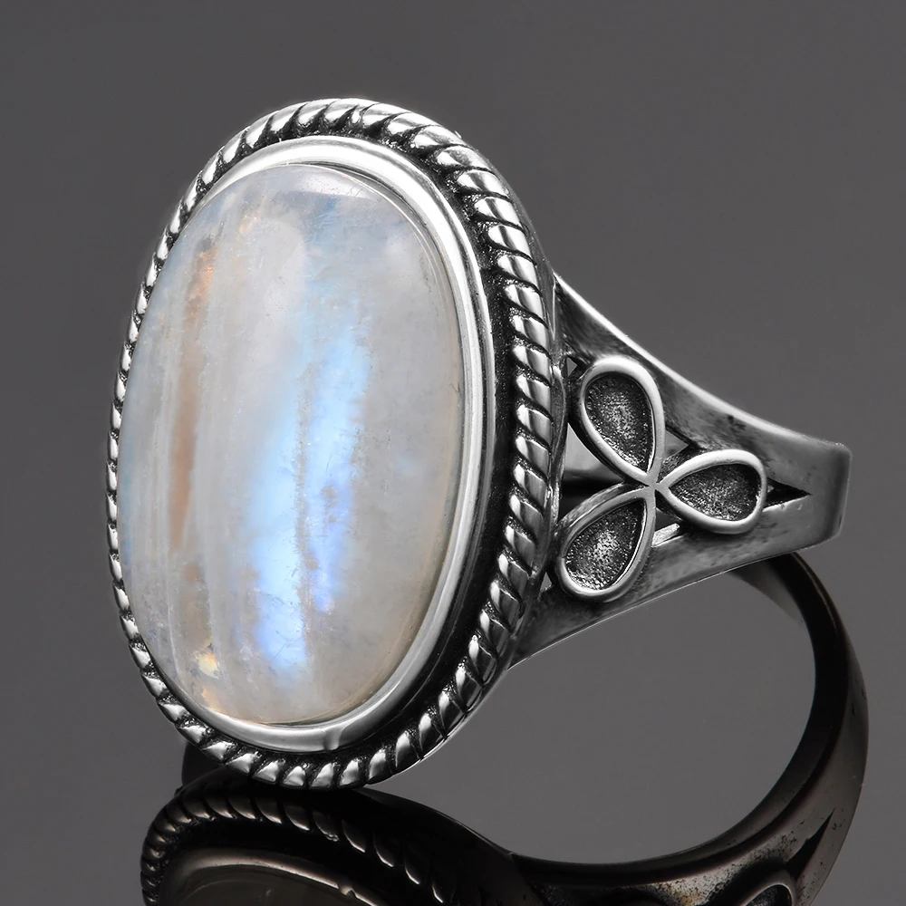 Кольца из натурального лунного камня для мужчин и женщин, серебряные ювелирные изделия 925, винтажные вечерние кольца с большим овальным драгоценным камнем 11x17 мм, подарки