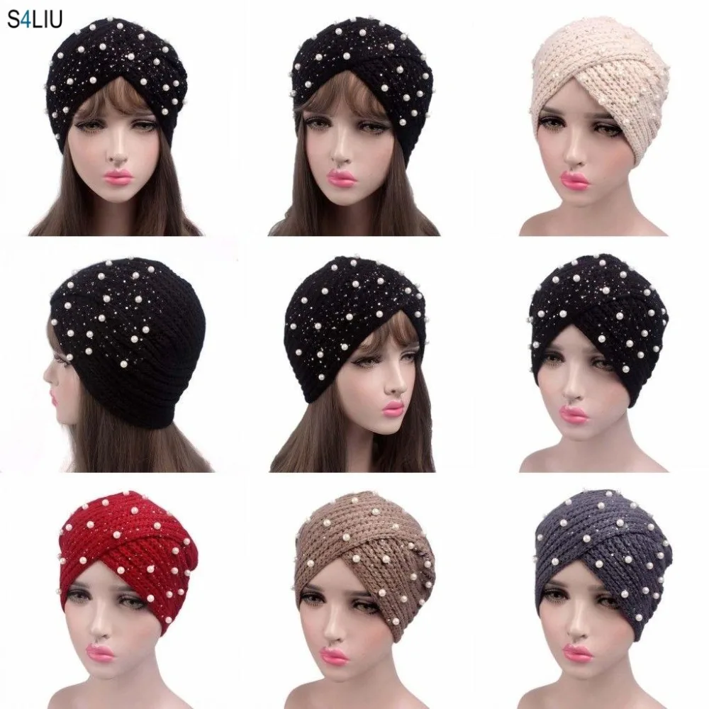Женская вязанная крючком шерстяная шапка-тюрбан жемчужная плиссированная мусульманская шапка после химиотерапии, головной платок, шапки, головной убор, зимняя теплая Мода для выпадения волос